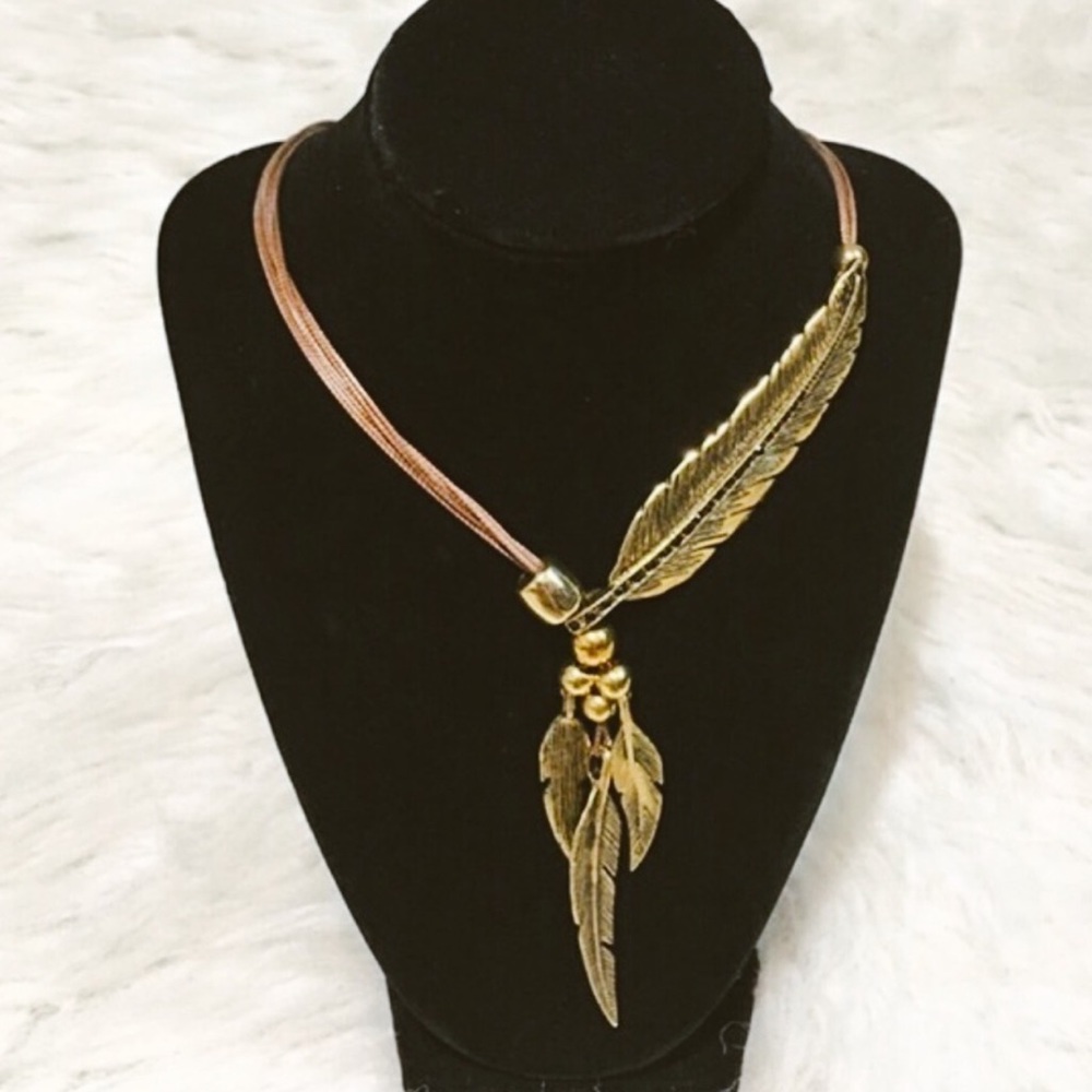 Unique Gold Feather Drop Rope Statement Necklace - image 3